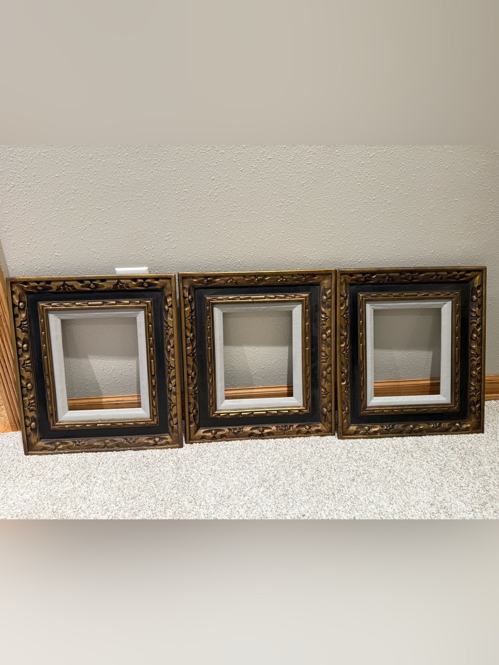 Set of 3 Vintage Heavy Carved Gold Black Picture Frames Linen Liner Matting
